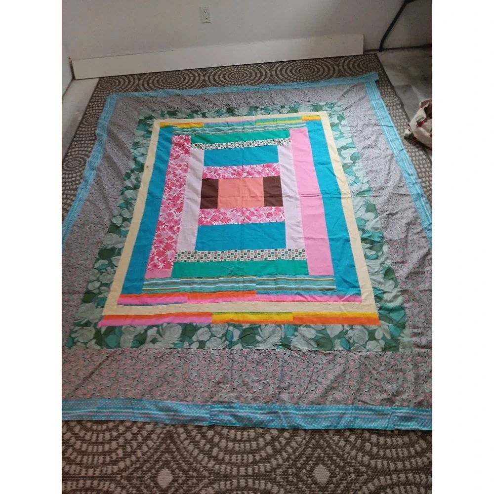 VTG 70's Crazy Multi-Color Quilt Top Unfinished Fabric 93X76 Craft Boho Cottage